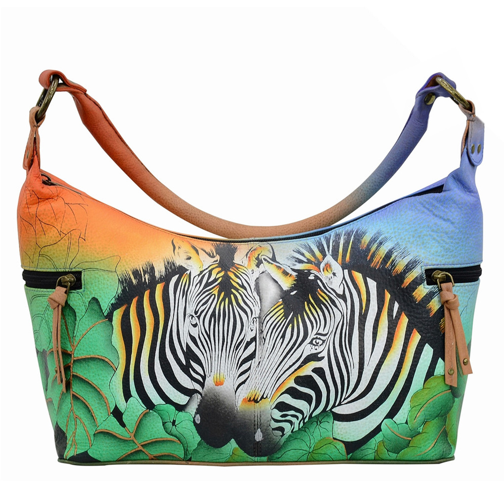 Anna by Anuschka Leather Hand Painted Medium Shoulder Hobo Handbag  Zebra Safari Side Zip Pockets