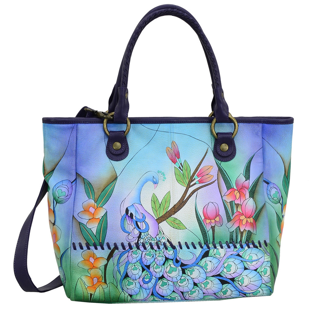 Anna by Anuschka Leather Hand Painted Tote Handbag ,Midnight Peacock W Braided Handle