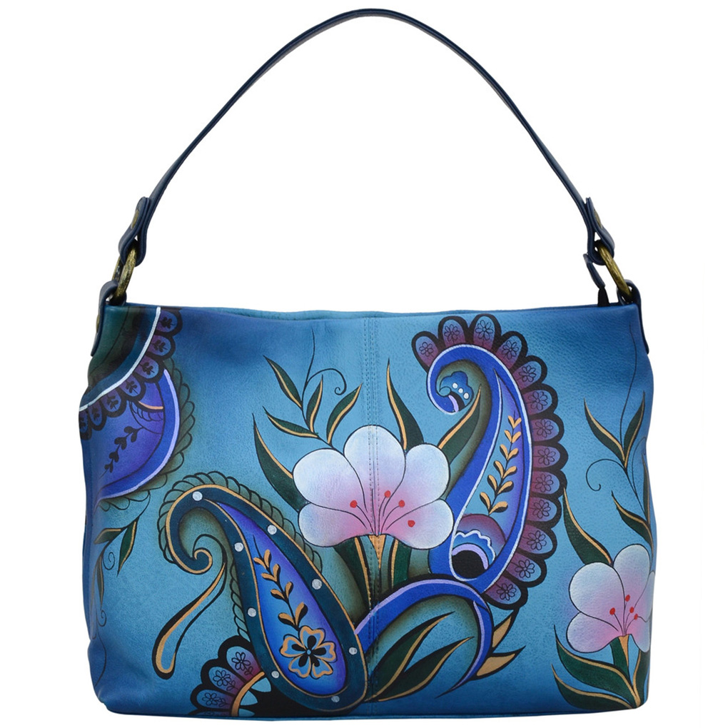 Anna by Anuschka Leather Hand Painted Medium Shoulder Hobo Handbag  Danim Paisley Floral Large E-W