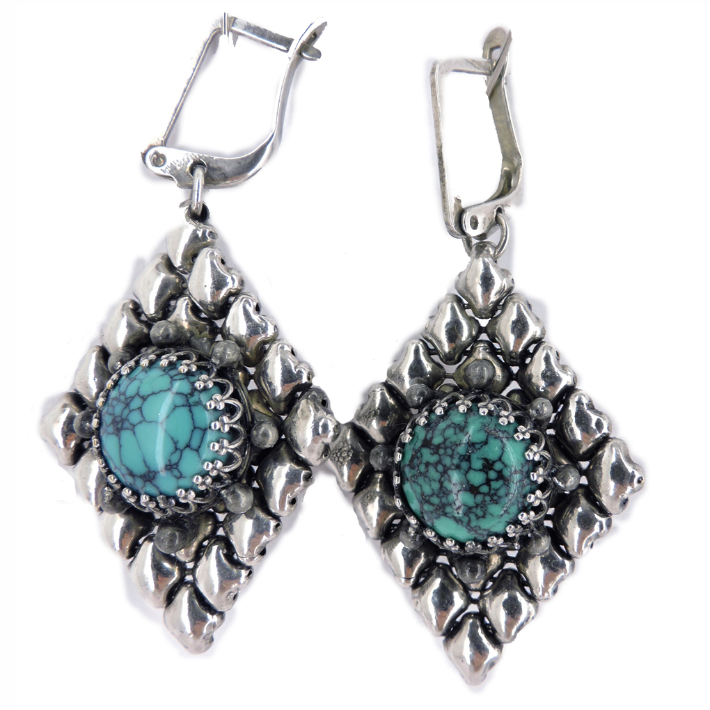 SG Liquid Metal Diamond Shape with Round Turquoise Earrings - by Sergio Gutierrez