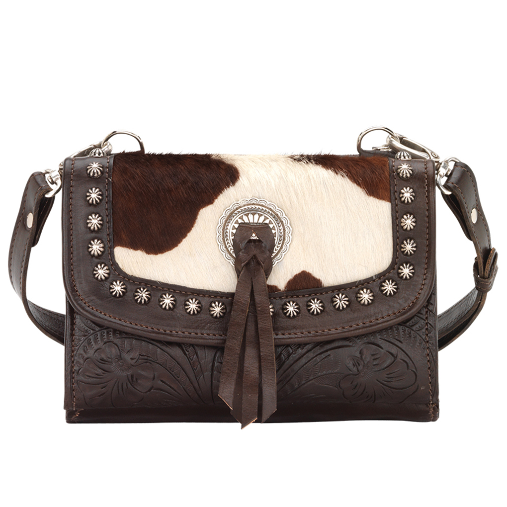 American West Leather - Small Crossbody Handbag - Wallet - Chocolate w Hair - Cow Town