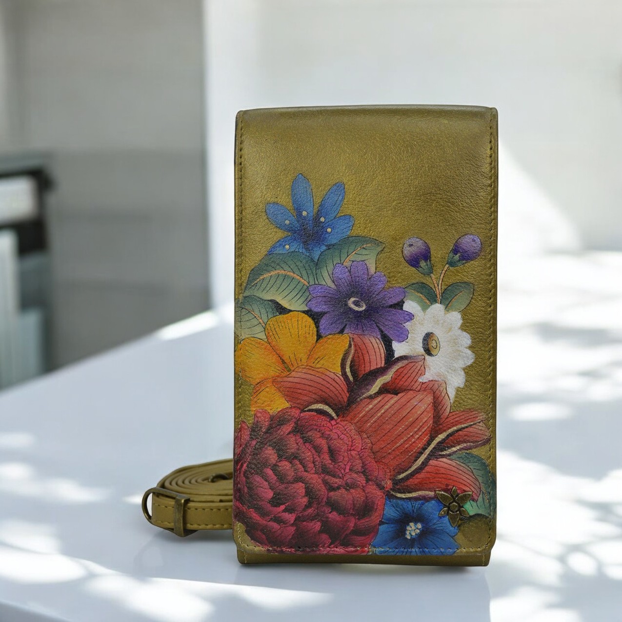 Anuschka Dreamy Floral Handpainted Vertical RFID Cross Body Wallet