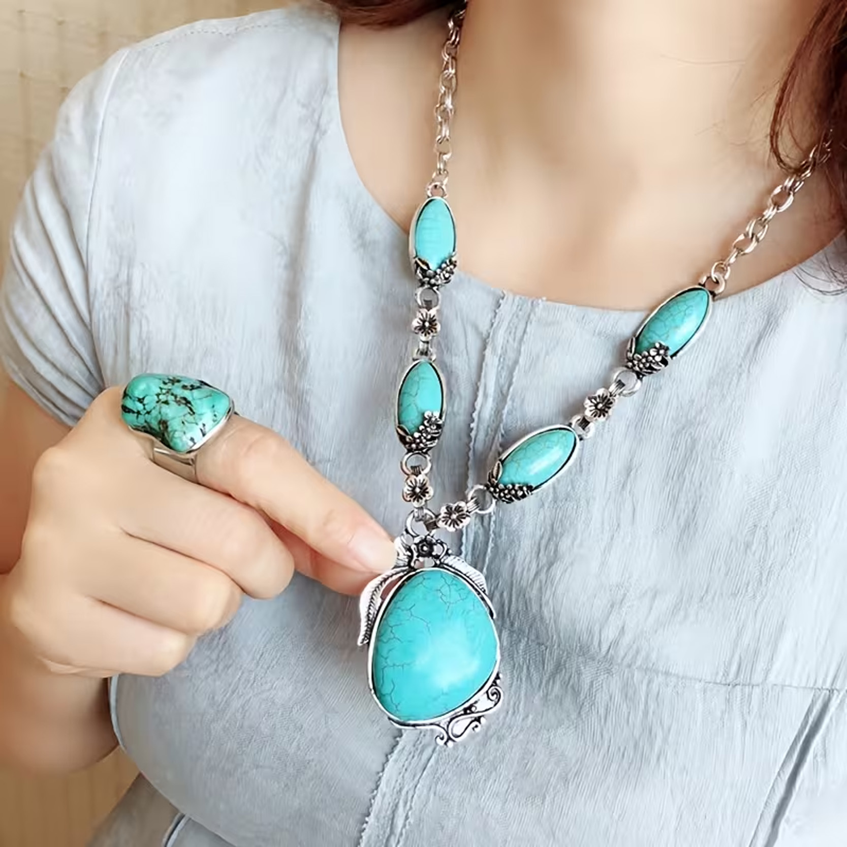 Gemstone Necklace Earring Set Free Form Turquoise - Image 3