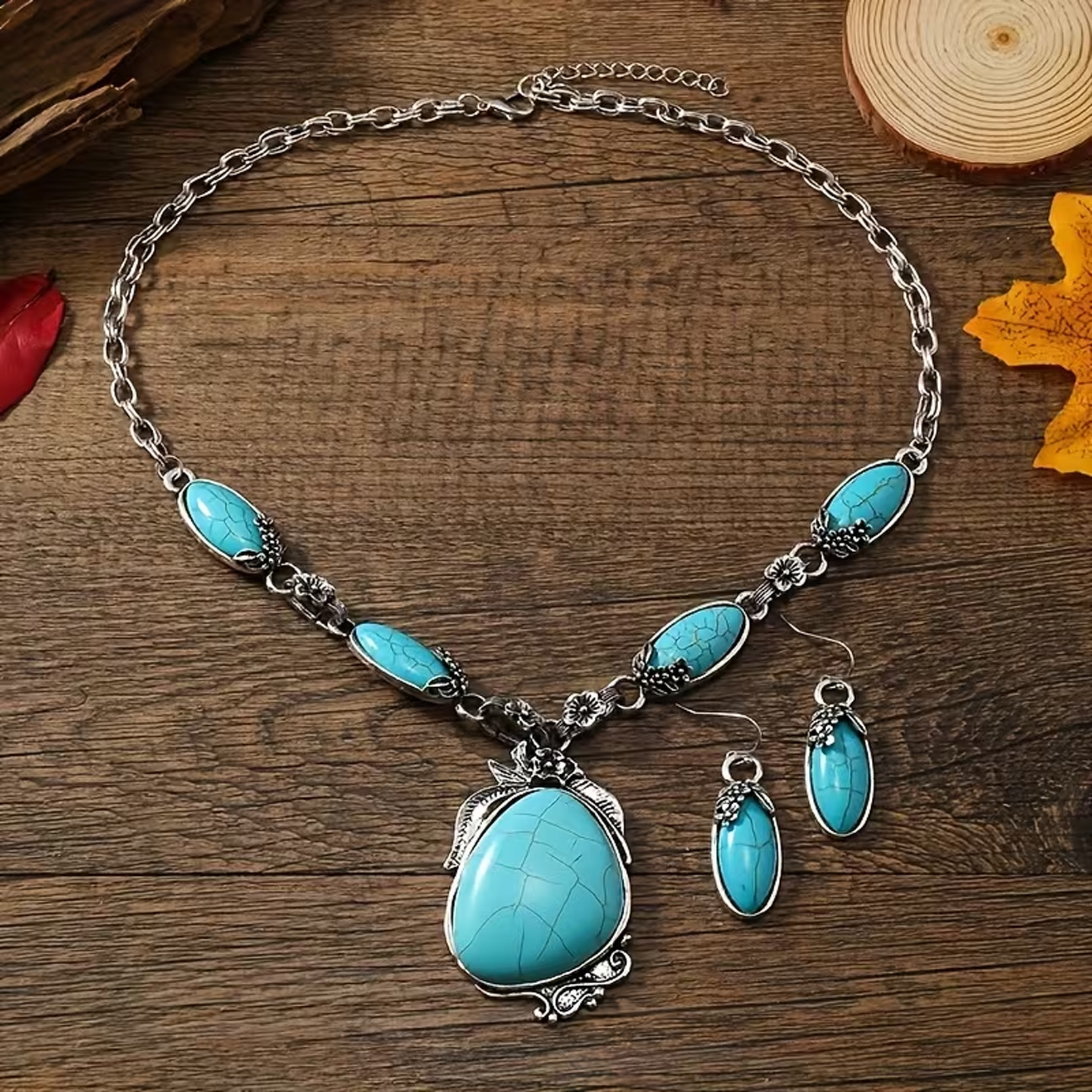 Gemstone Necklace Earring Set Free Form Turquoise - Image 4